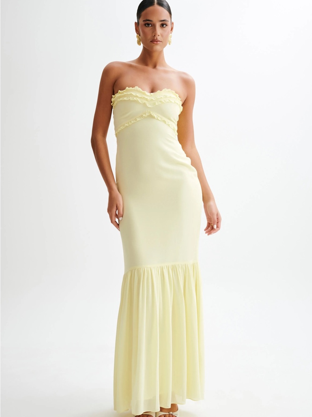 Meshki Olivette Strapless Pale Yellow Ruffle-Trim Maxi Dress